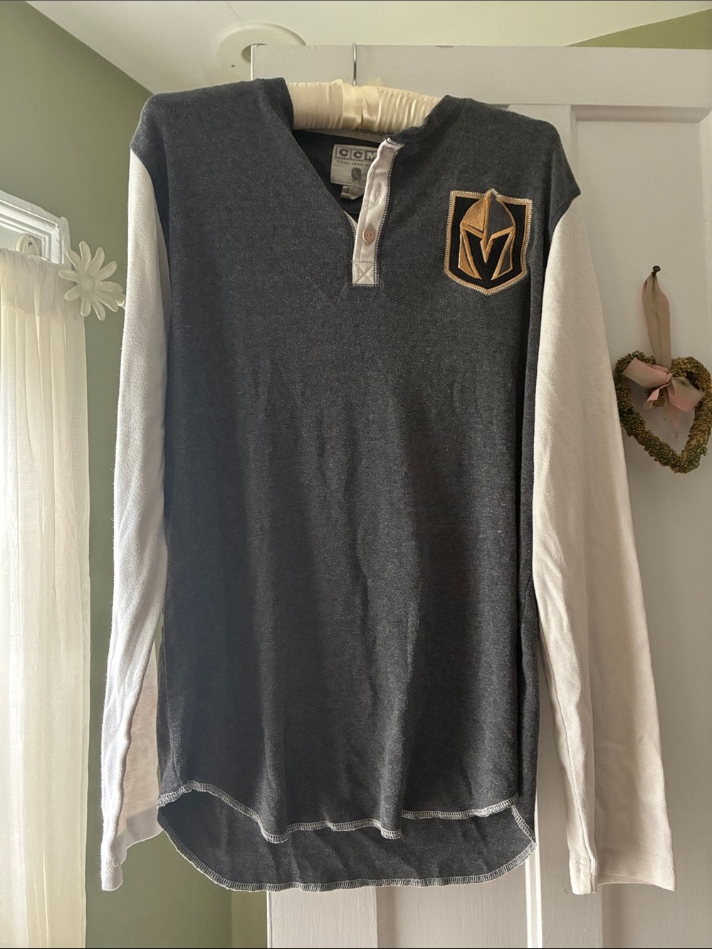 CCM  Two-Tone Henley Sweatshirt in Gray & White with Gold Crest